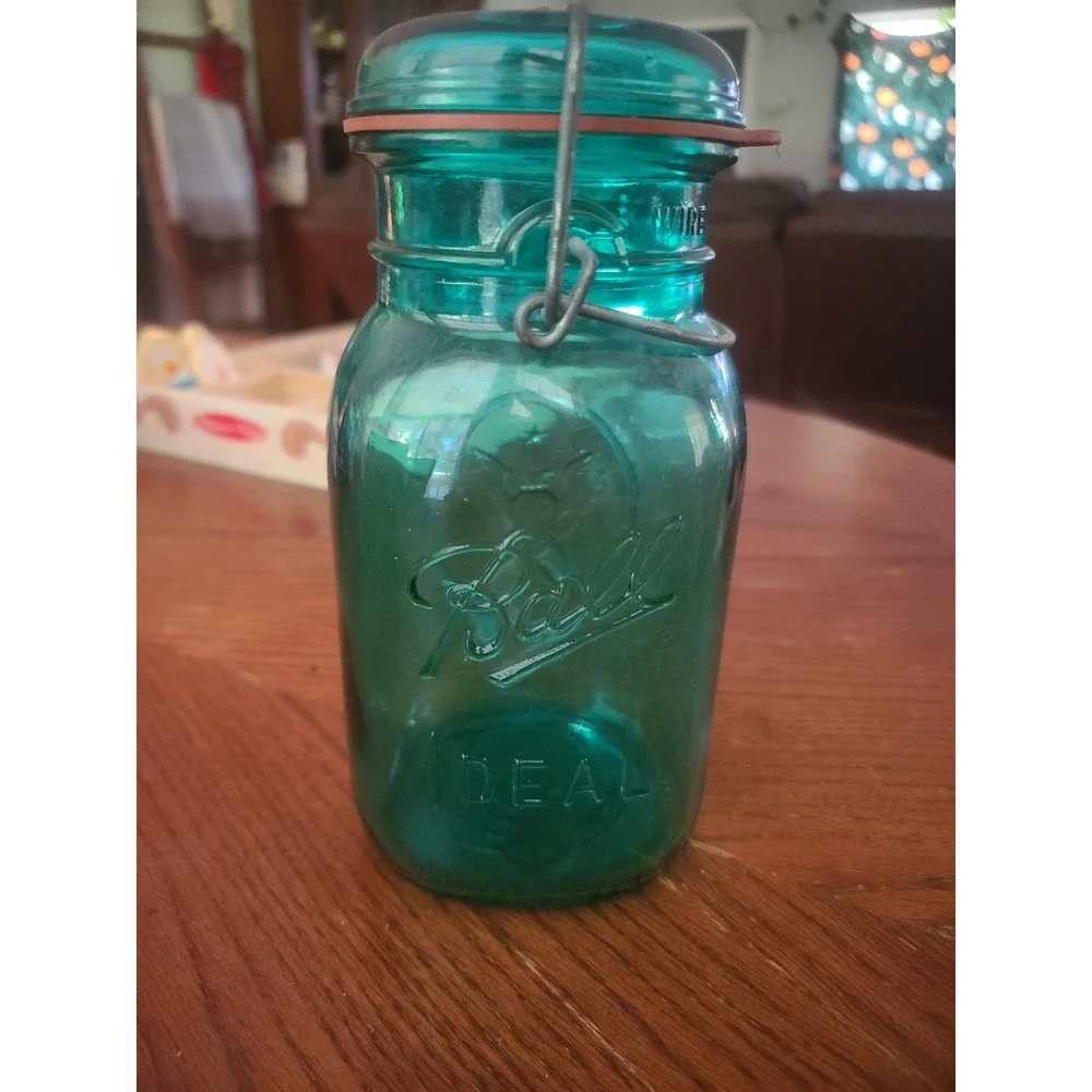VTG 1976 Ball Ideal Aqua Blue Glass Mason Jar Eagle Bicenntennial Wire Bail Lid